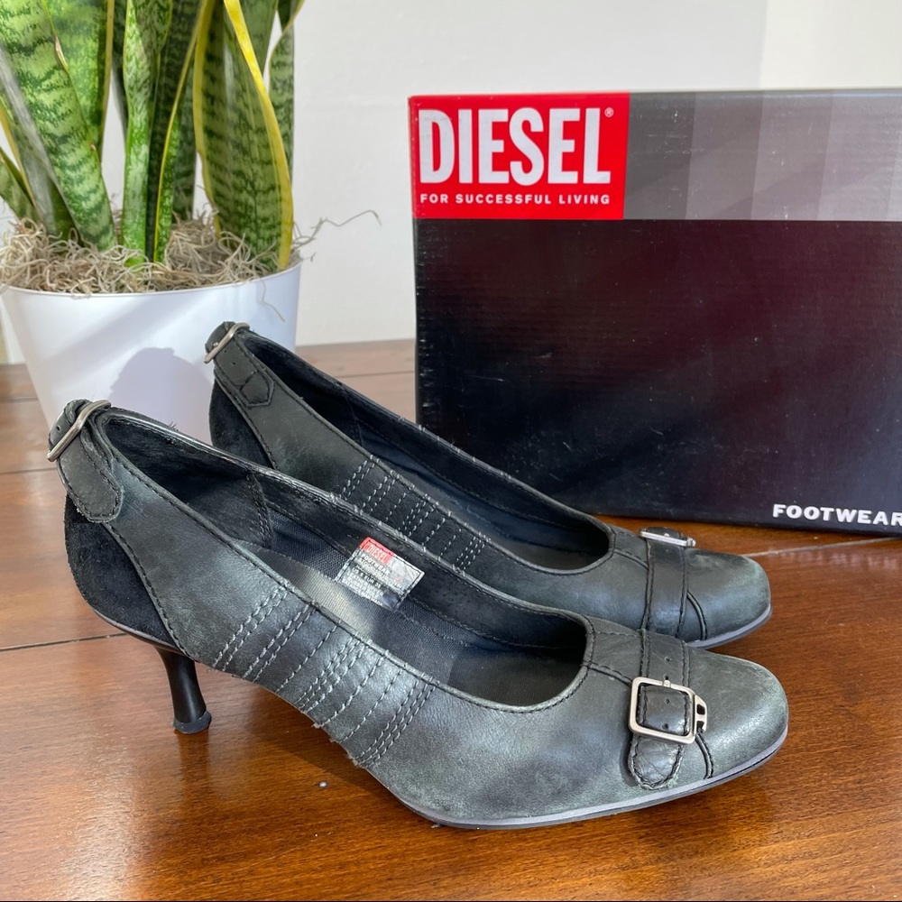 Diesel Womens Size 5 Combustion Black Leather Pumps Heels Shoes